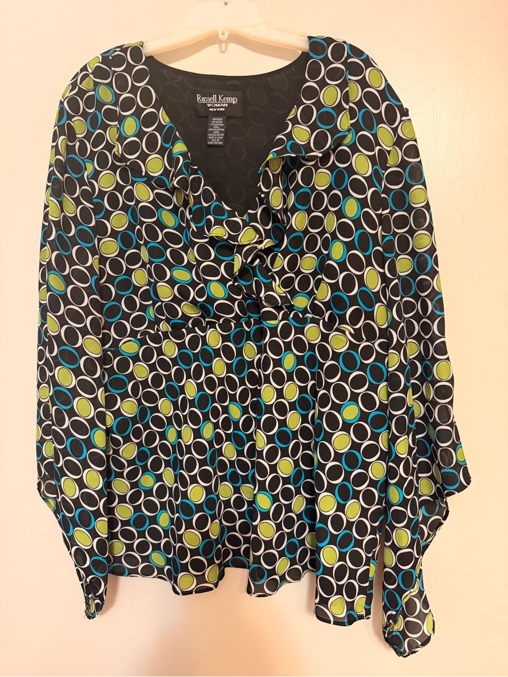 Russell Kemp Plus Size Black Blouse with Blue & Lime Geometric Dot Pattern